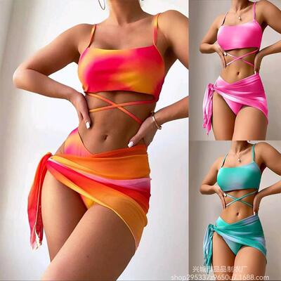 Printed split bikini color blocked swimsuit