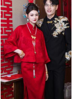 大尺码敬酒服新娘中式改良旗袍套装红色订婚礼服裙显白高级感回门
