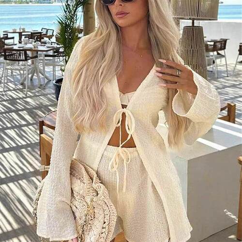 Womens Solid Color Long Sleeve Top & Shorts Two-Piece Set