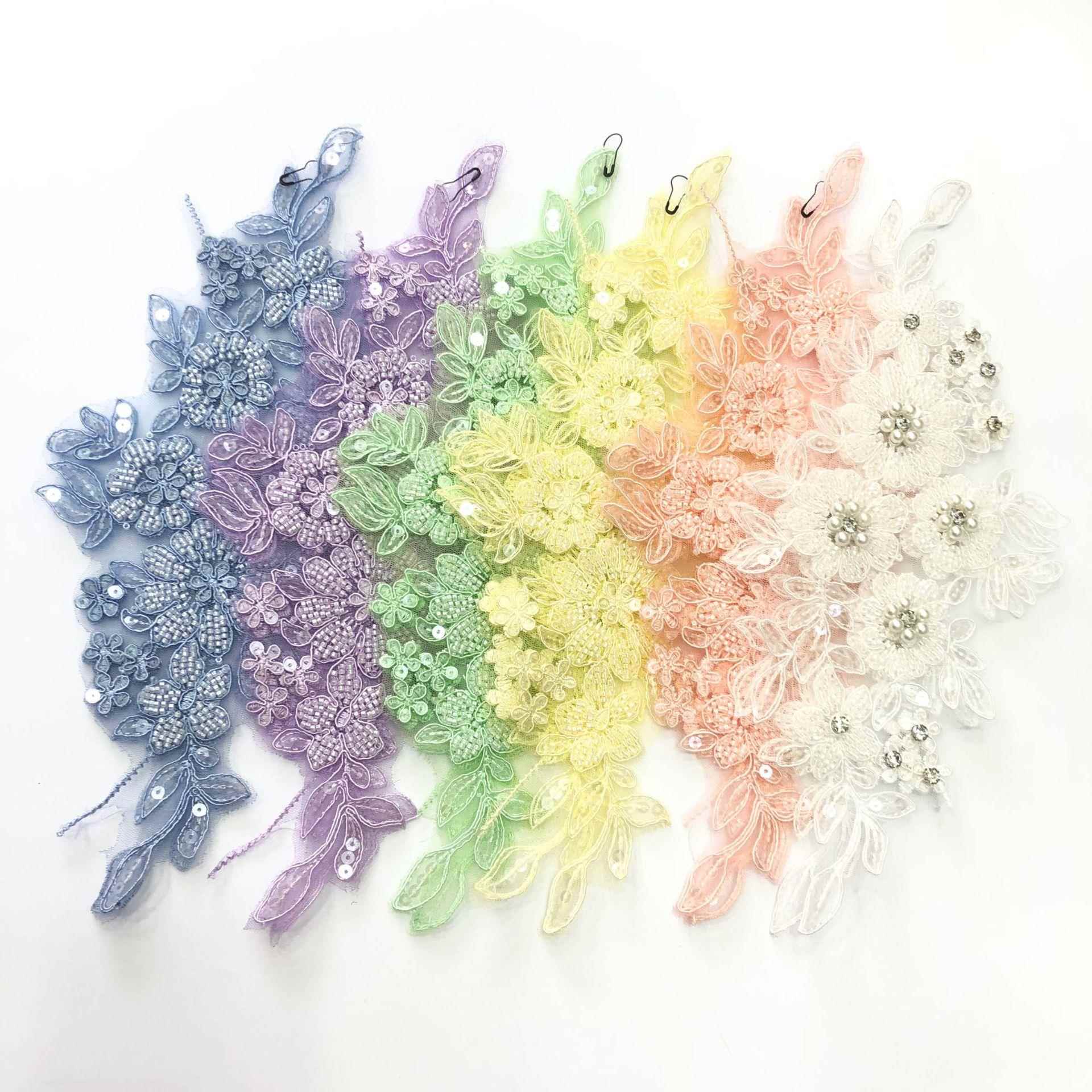 现货多色手工钉珠网纱刺绣立体花车骨对花婚纱布贴蕾丝花边辅料