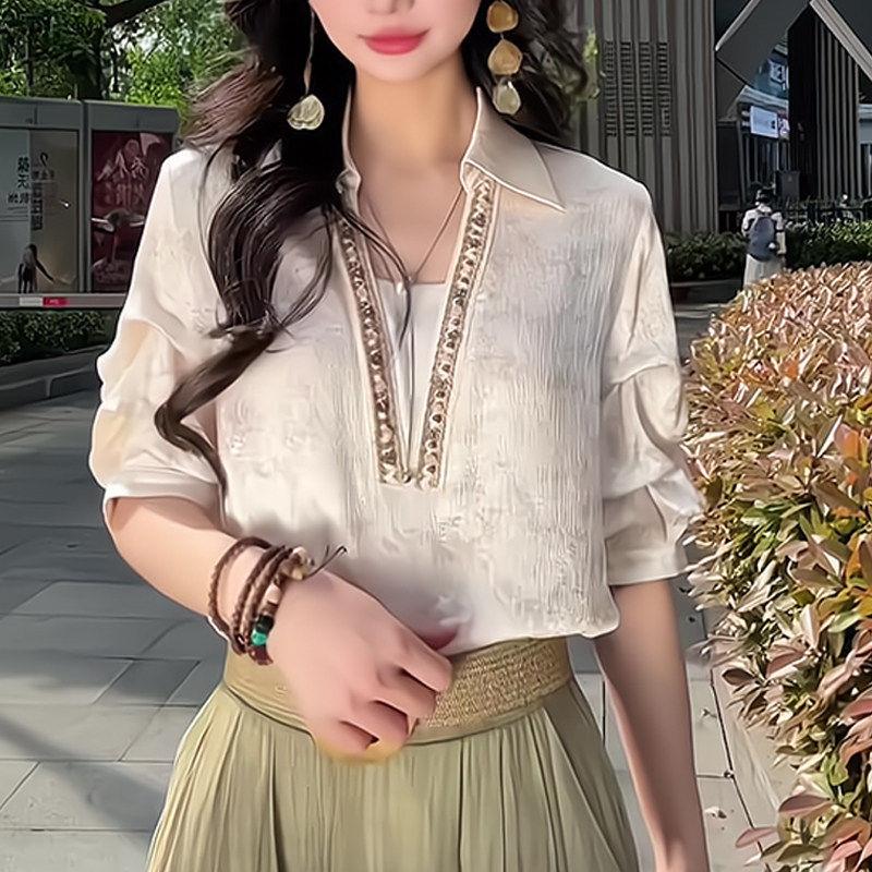 高档轻奢缎面提花法式衬衫女士夏季新款时尚百搭短袖上衣套头小衫