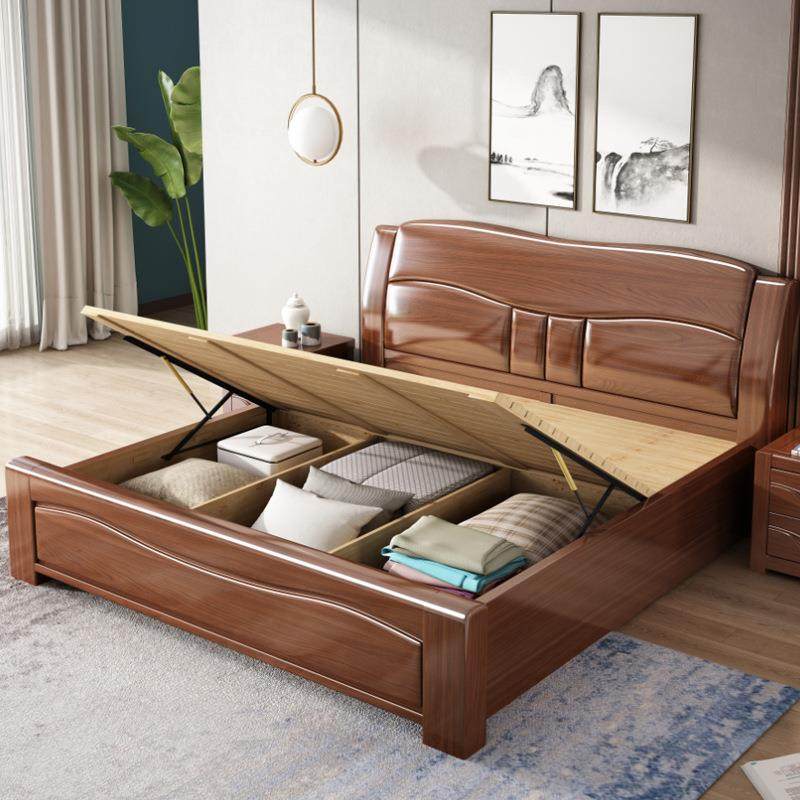 8中式胡桃18377木实木床双人床1.米15现代简约卧室大床储物m高箱.