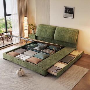 雪尼尔布艺床大象耳朵主卧复古风实木软包床极简齐边双人床婚床