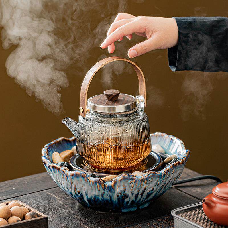 滚水网红围炉煮茶器具全套家用室内玻璃泡茶壶烤茶黑晶炉套装插电
