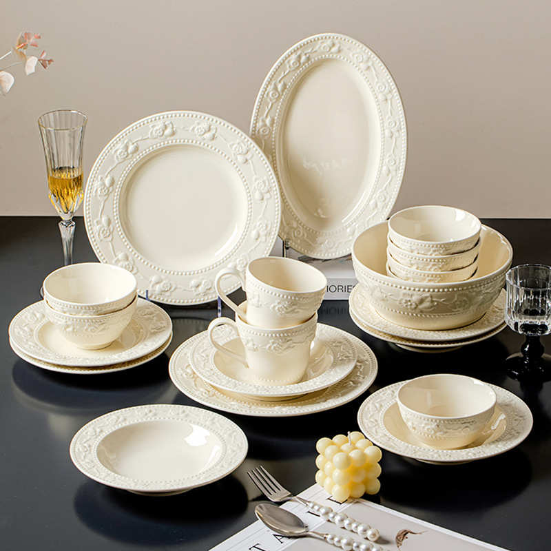 碗碟餐具套装浮雕盘子景德镇陶瓷饭碗菜盘宫廷风高级感法式酒店家