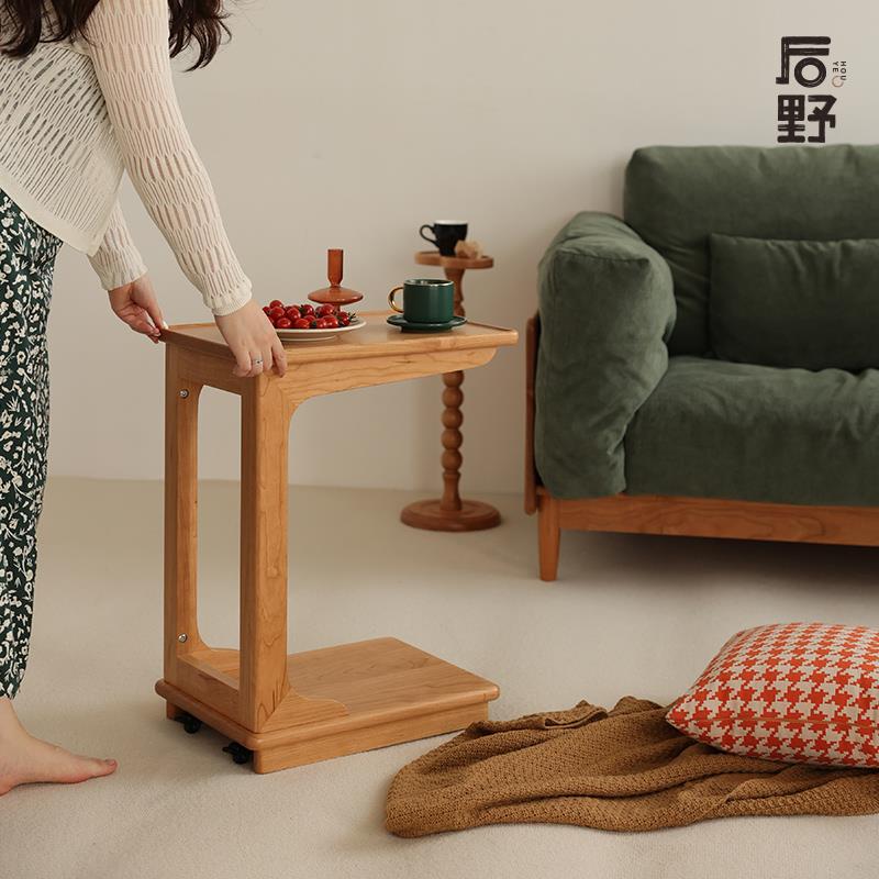 后野樱桃木移动边几手推车 沙发茶几小推车移动小桌子带轮 小方