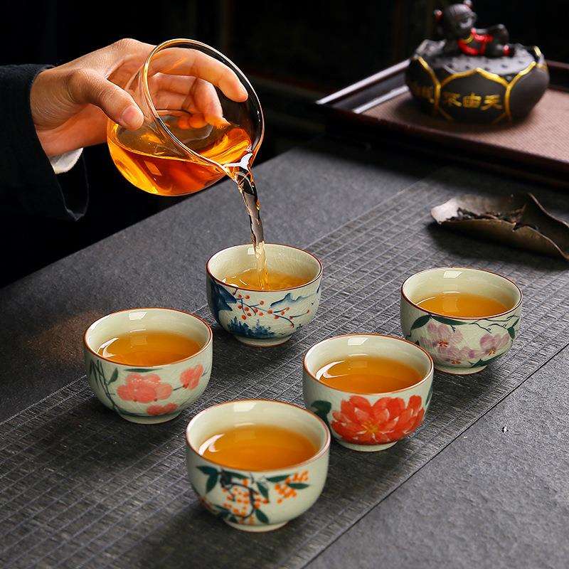 哥窑手绘品茗杯冰裂釉开片茶杯釉下彩陶瓷家用小茶杯功夫单杯茶盏