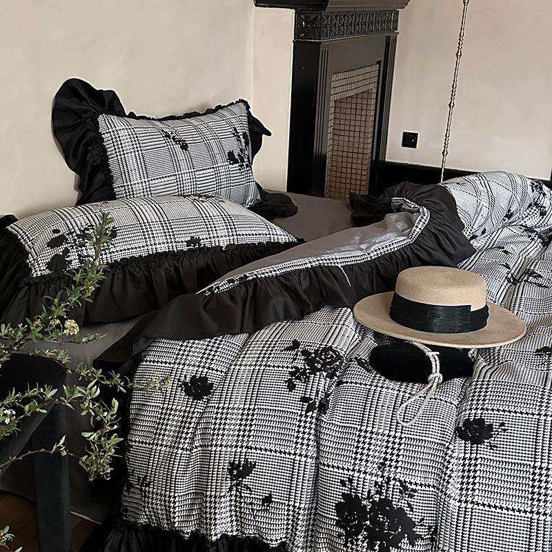 法式复古花卉数码印花100支全棉贡缎花边床品被套四季可用深色系