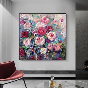 手绘油画牡丹花客厅餐厅立体装饰画北欧玄关走廊挂画立体手绘油画