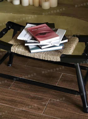 中古草绳小方凳藤编换鞋凳子入户门口玄关小凳子法式黑色床尾凳