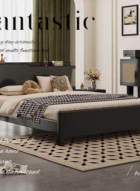 高端卧主实大床民宿黑色美式复古床架带床头木床1米加床垫8双YFWJ