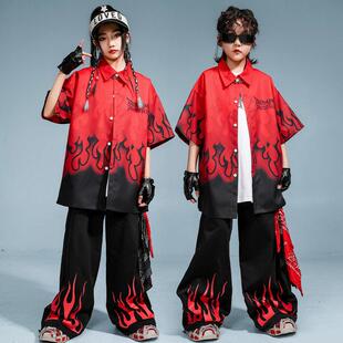 街舞儿童潮服嘻哈短袖黑红演出服童套装hiphop女童酷帅表演服夏