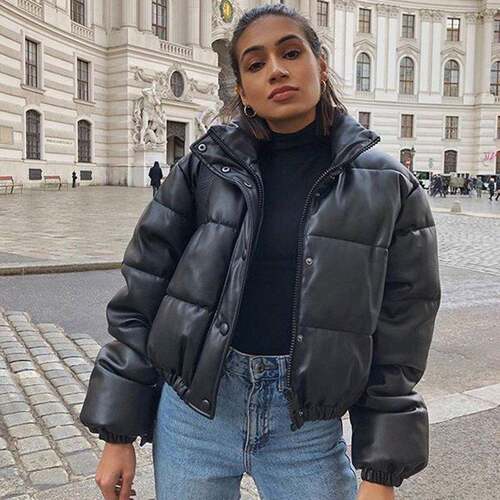 High Level Women'S Faux Leather Cropped Puffer Jacket -