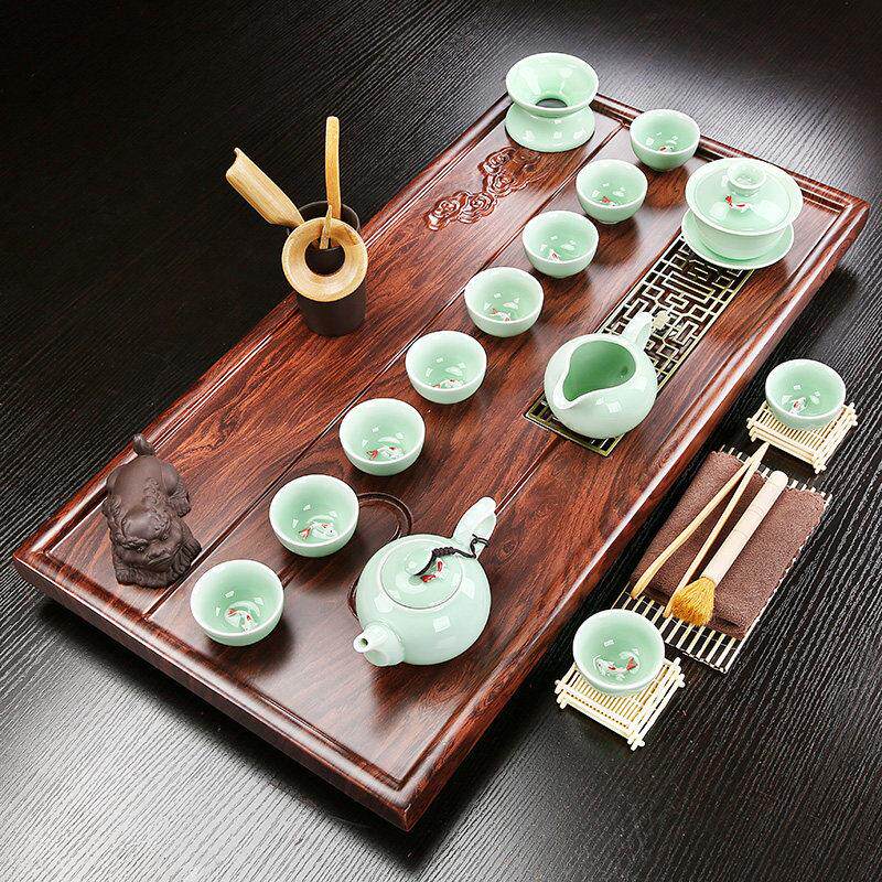 整套陶瓷紫砂功夫茶具套组实木茶盘家用茶海托盘排水式小茶台简约