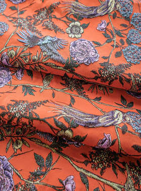 橙色鲜艳花鸟风景图撞色面料复古油画感女装春秋花束包花装饰布料