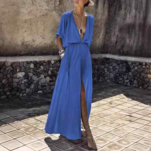 Dress Long Band Elastic Waist Sexy Dress Slit Sleeve Mid V