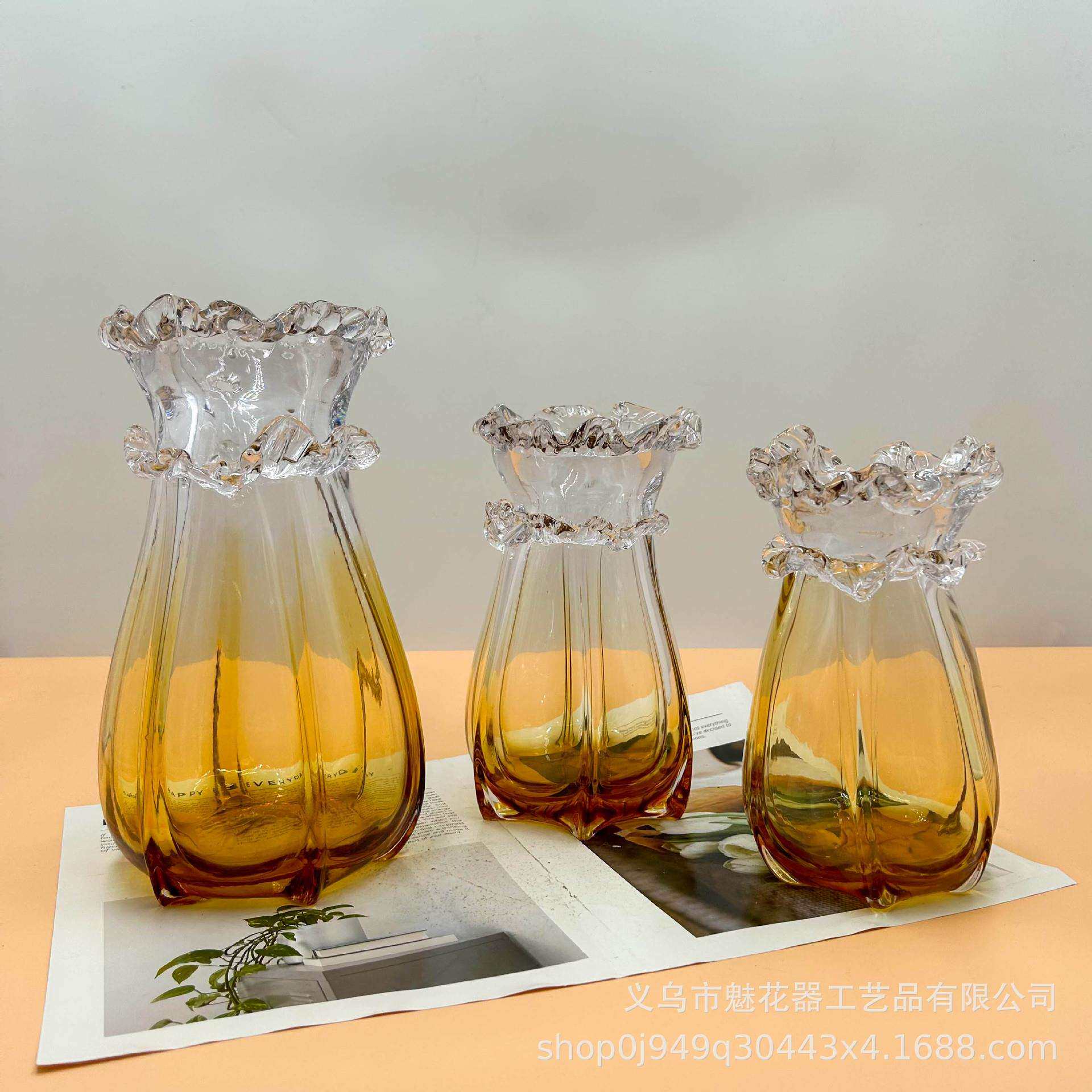 简约轻奢琥珀色花边琉璃花瓶客厅餐桌创意插花摆件样板间高级装饰
