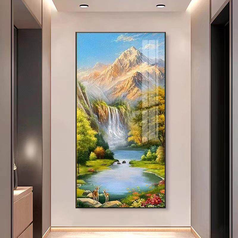 聚宝盆入户玄关装饰画轻奢高级感正对门山水画走廊过道挂画风景画