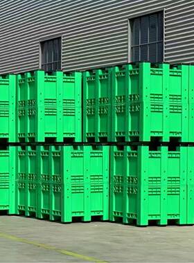 现货带盖塑料卡板箱九脚川字型封闭式围板箱灰色叉车物流运输箱