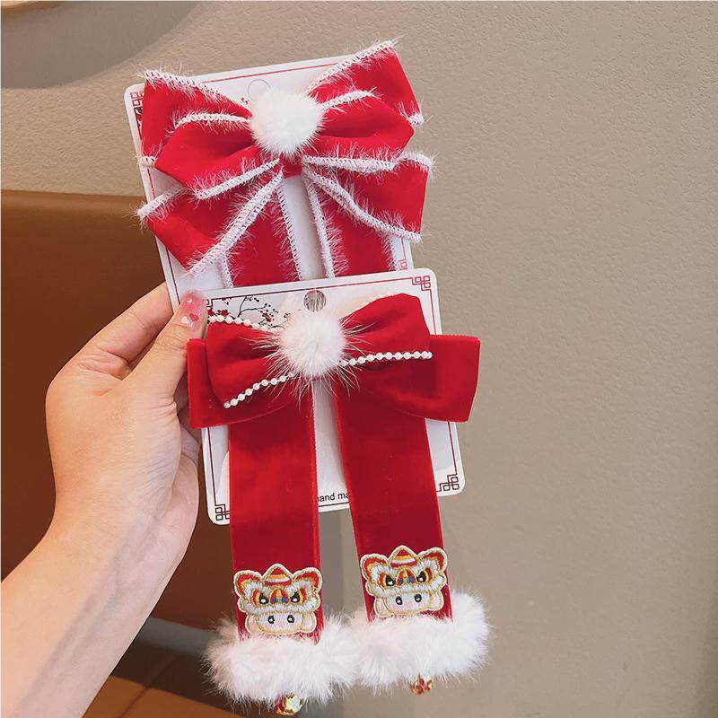 儿童新年蝴蝶结发饰孩公小女夹宝宝可爱女童过年红色发发主卡570