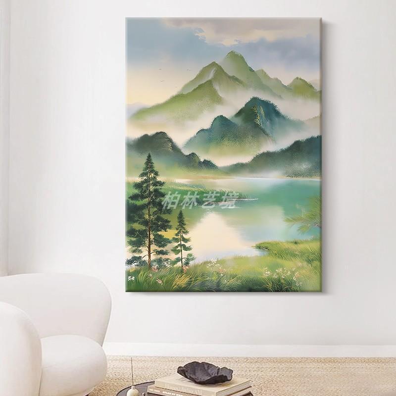 客厅青山绿水装饰壁画玄关抽象风景手绘油画中国水墨意境丙烯挂画