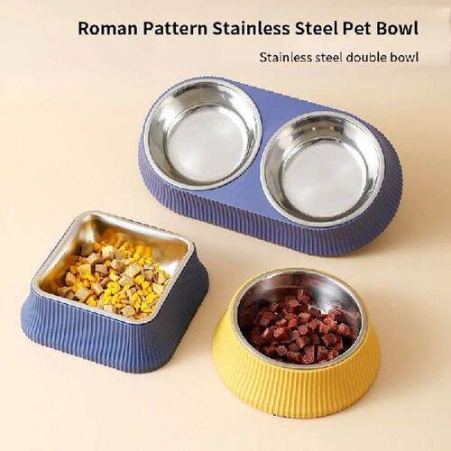 Roman Grain Stainless Steel Cat Bowl Square Round Double