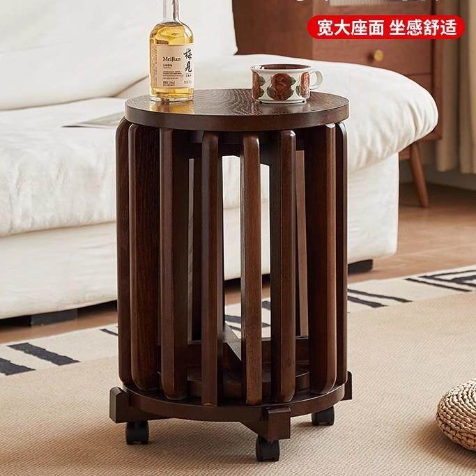 实木可叠放茶几组合凳子叠叠乐圆凳餐桌凳带滑轮折叠椅子