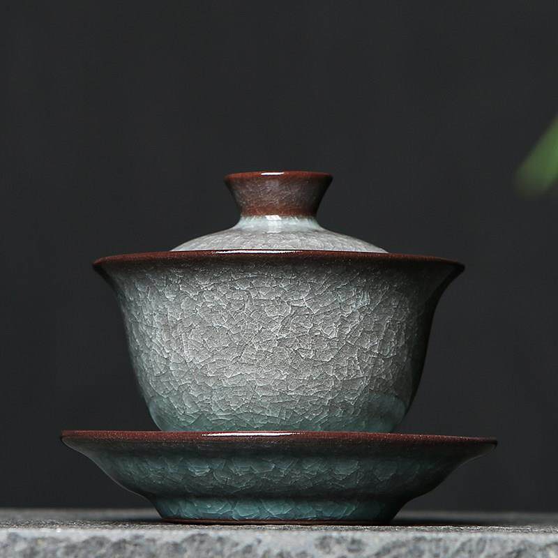 青瓷三彩盖碗茶杯大单碗非热阁窑高端冰裂功夫茶具