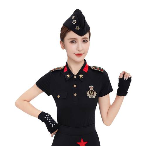 新款北军范新手舞小蹈服装套装女水式翻领短袖t恤级团队顶表演服