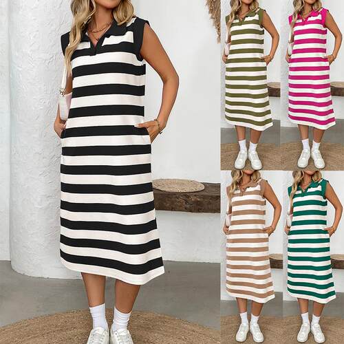 Womens Striped Summer Dress Casual Polo V Neck Sleeveless