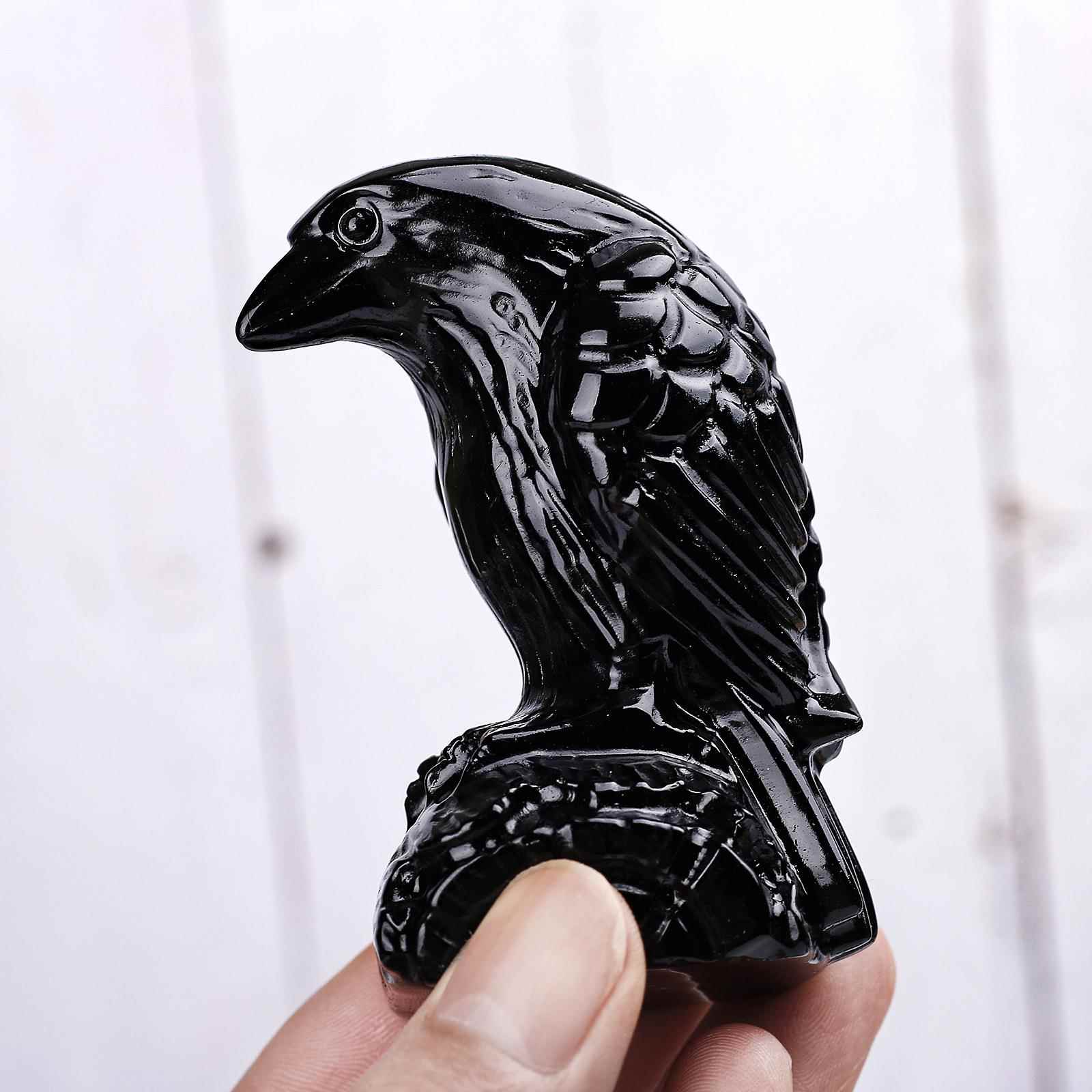 黑曜石乌鸦雕刻件黑石原石打磨水晶工艺品家居桌面装饰摆件
