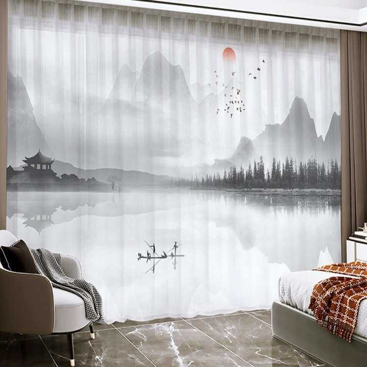 新中式窗帘遮光2024新款中国风景古典山水墨画客厅透光不透人纱帘