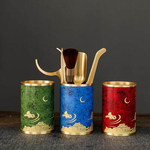 彩漆黄铜茶道六君子套装功夫茶具配件用品大全收纳泡茶工具摆件