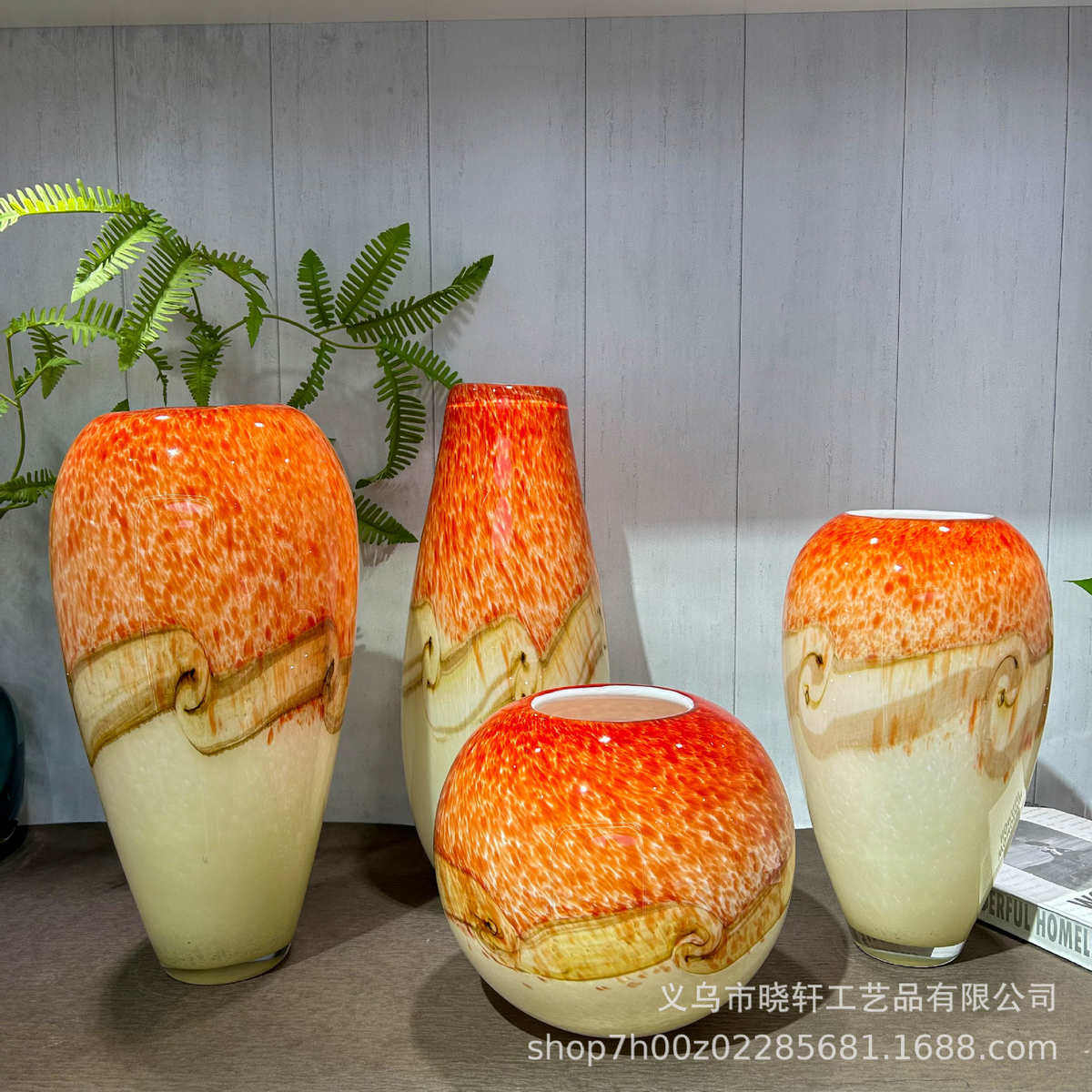 酒店奢家居高级器样板间轻客厅花瓶橙色高级中古插花琉璃酒柜摆件