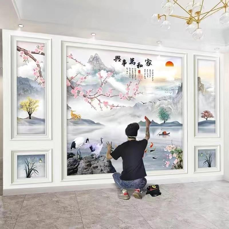3D立体装饰五宫格中式电视背景墙壁纸山水画客厅2025新款自粘壁画
