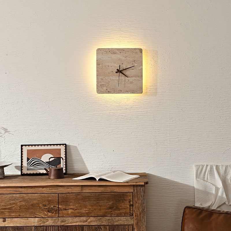 带时间转动走时墙钟挂表侘寂风复古做旧黄洞石熔孔壁灯客厅卧室