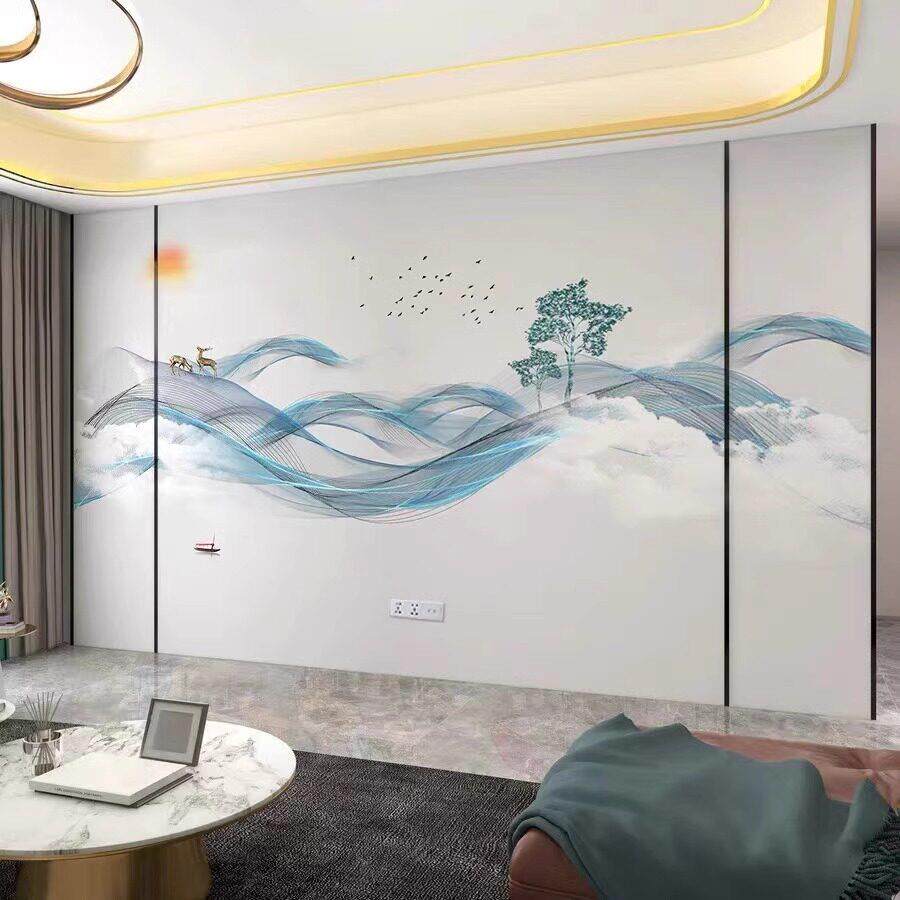 新中式电视背景墙壁画轻奢山水线条客厅墙贴3d沙发影视墙壁布墙布