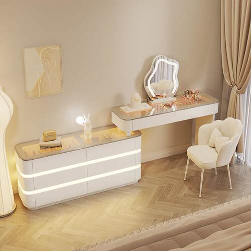 W2025新款木实梳9台卧室现代简约奶妆油风床尾转58角化妆桌斗柜一