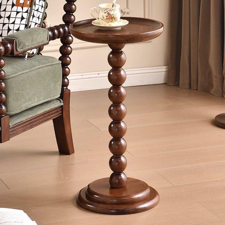美式复古实木边几圆形中古风家用客厅沙发角几阳台休闲珍珠小圆桌