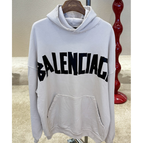 [99新]巴黎世家Balenciaga米灰色胶带印花logo 破洞连帽套卫衣2码
