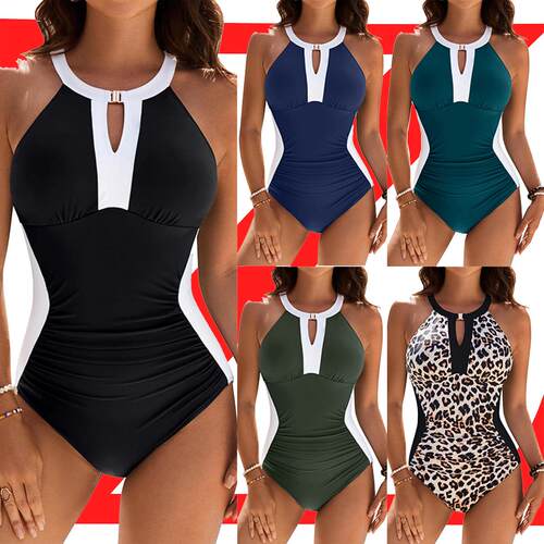 Plus Size Full Coverage Retro Color Block Swiear Women Tummy