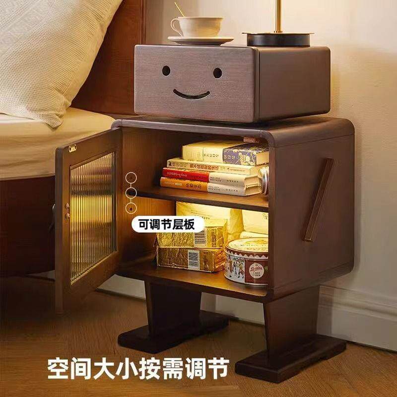 实木头床柜卧室储物AUP纳收柜床边置物柜客器厅边柜创意可爱机人