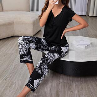亚马逊跨境欧美睡衣女春秋季短袖长裤两件套女士家居服nightwear