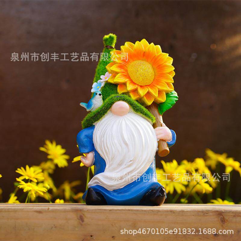 太阳能小矮人花园雕像树脂小雕像装饰太阳能向日葵灯户外矮人装饰