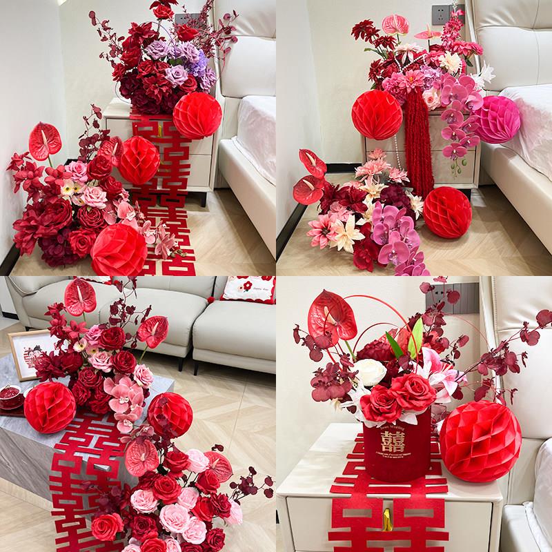 婚房布置红色彷真花结婚装饰订婚客厅婚礼桌花摆件床头花艺摆设