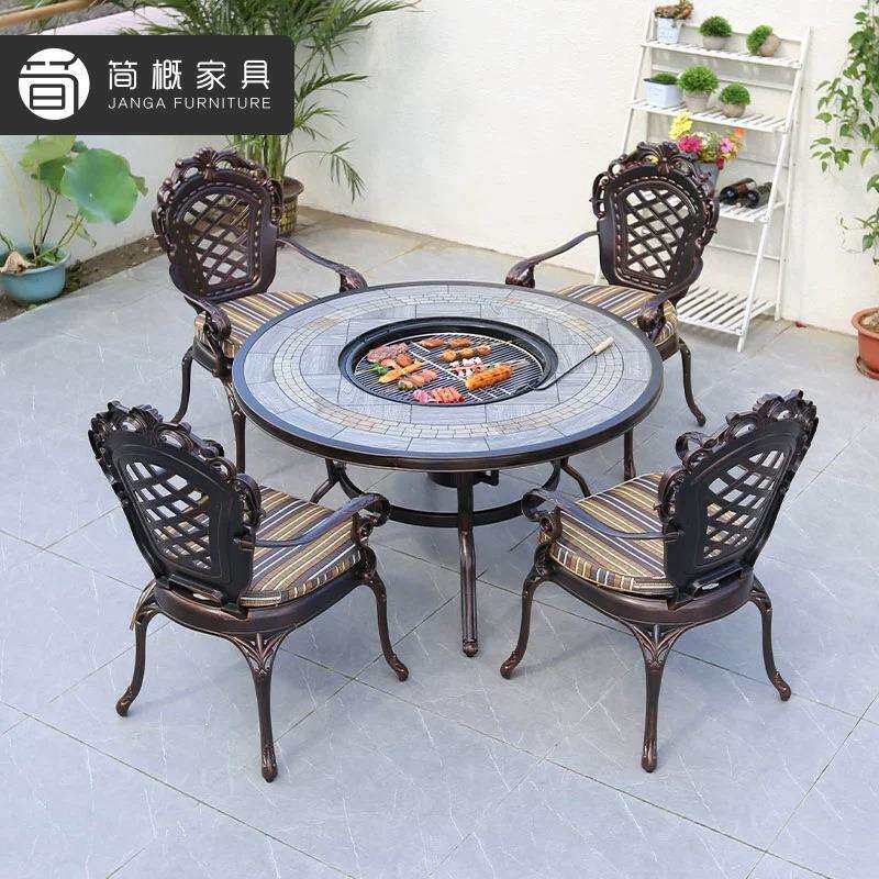 户外别墅庭院桌椅花园烧烤铸铝桌露天花园阳台一桌两用餐桌家具套