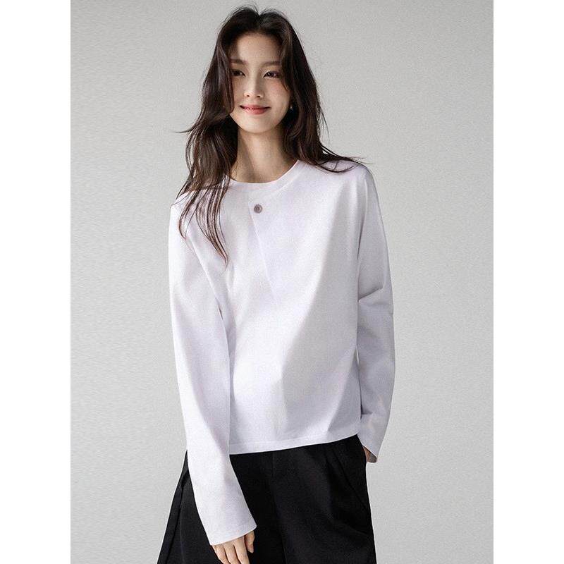 韩国白色设计感别致长袖t恤女春秋正肩宽松极简风纯棉一粒扣上衣