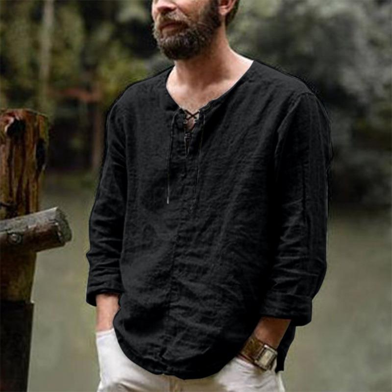 cotton Mens solid linen color T-shirt long-sleeved trendy