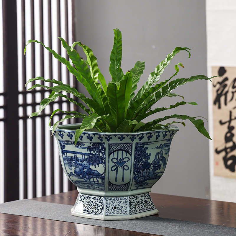 景德镇青花瓷绿植花盆现代简约花瓶室内植物装饰缸陶瓷水培大口径