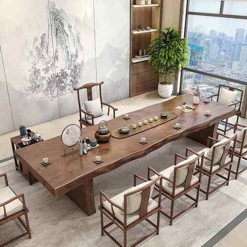 新中式实木茶桌 办公会客大板茶桌椅组合茶室原木整板会所泡茶桌